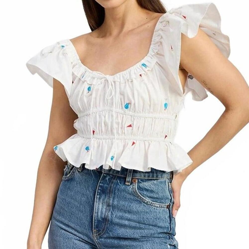 En Saison Nellie White Pink Smocked Off Shoulder Peplum Crop Top Size Medium